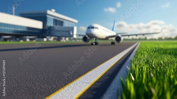 Fototapeta Airplane taxiing on runway near modern airport building with clear blue sky and green grass