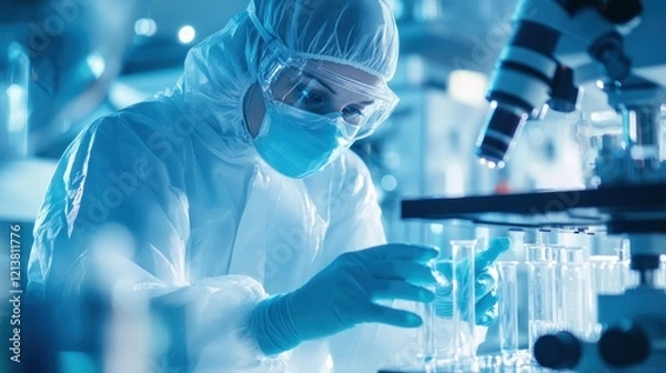 Obraz Scientist examining samples in sterile lab, microscope background