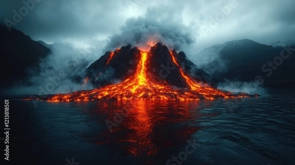 Fototapeta Volcanic Eruption: Fiery Lava Flowing into the Ocean