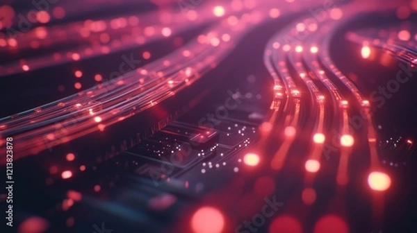 Fototapeta Connection of optical fiber cable technology background, Fiber Optic cables connected to an optic ports in data center, close up of network cables connected to an internet hub,