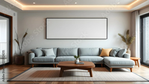 Obraz Modern Living Room Mockup: A minimalist and stylish living room with a sleek grey sectional sofa, a wooden coffee table, and a large blank canvas.