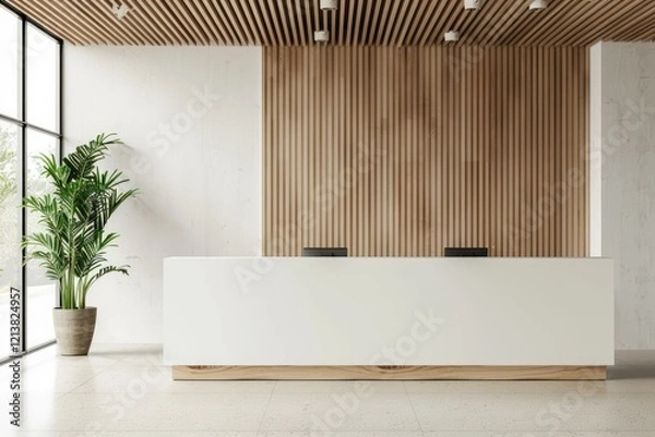 Fototapeta Clear Pixel Picture of Minimalist Office Reception or Front Desk Logo Mockup