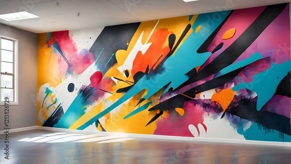 Obraz Abstract vibrant graffiti mural on a wall in a modern room.