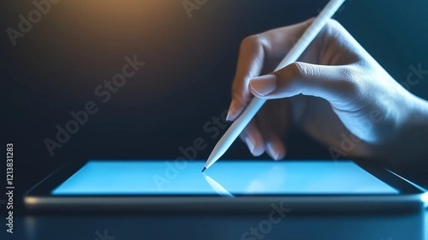 Fototapeta A hand holding a stylus on a tablet with an electronic ballot interface, minimalistic background with smooth gradients of blue or grey.