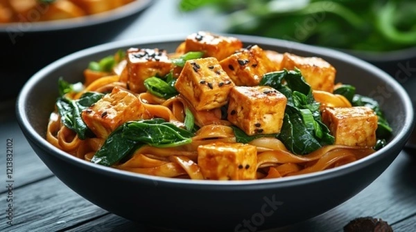 Fototapeta Tofu and Noodle Bowl with Spinach and Sesame Seeds on a Dark Wooden Table Close Up