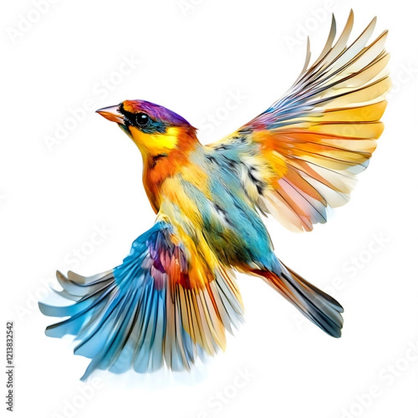 Fototapeta A colorful bird with a blue wing is flying in the air