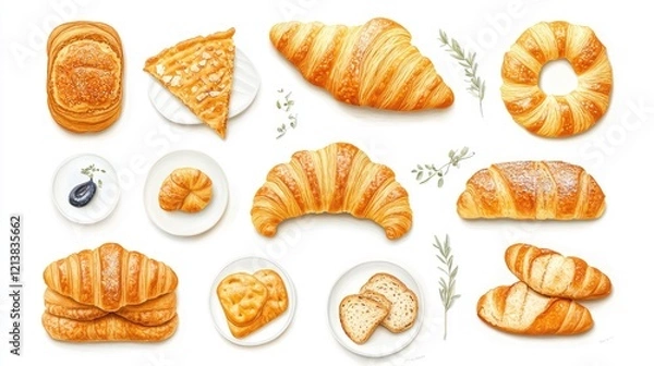 Obraz Croissant French bread on white background cutout, file. Many assorted different design angles, stack, broken, plate, top view. Mockup template for artwork