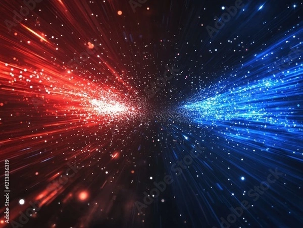 Fototapeta Abstract red and blue light streaks with bright dots creating a dynamic space effect