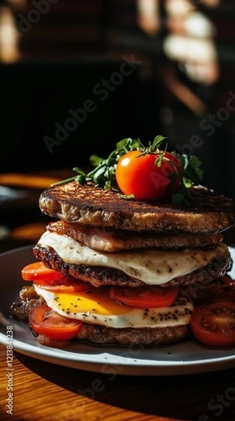Fototapeta Gourmet breakfast sandwich with egg, tomato, and herbs.