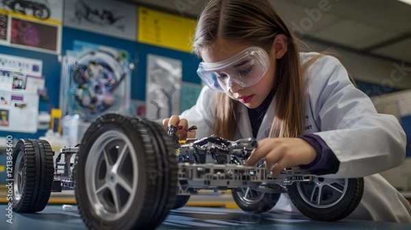 Fototapeta Young girl scientist assembles a small model car