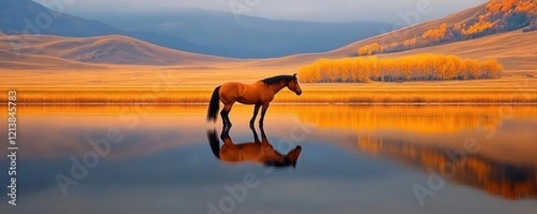 Fototapeta Dual perspective a leader and their horse reflected in a shimmering lake, creating a serene yet commanding image, horse reflection, dual leadership