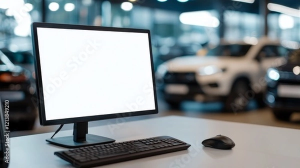 Fototapeta Modern workspace with a blank computer screen, keyboard, and mouse in a car dealership setting