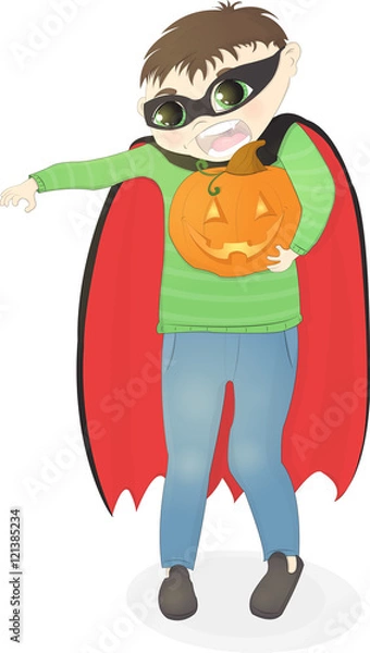 Obraz Little boy dressed as vampire with pumpkin, happy halloween, cute child vector cartoon