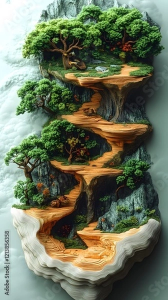 Fototapeta Enchanted Fairy Tale Landscape with Cascading Waterfall and Winding Pathway Through Lush Verdant Forest