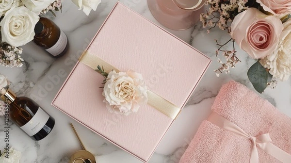Fototapeta Luxurious subscription box featuring aromatherapy oils, plush bath towels, and champagne, styled with a soft pink glow