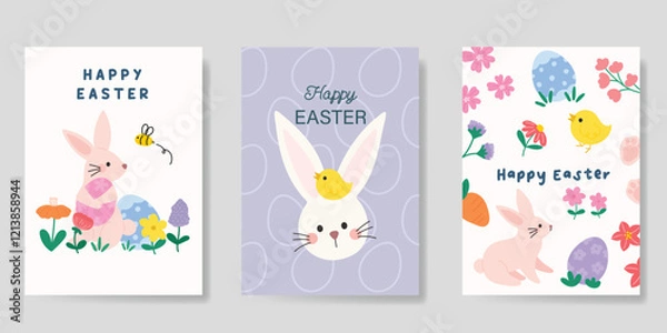 Obraz Happy Easter card vector set. Hand drawn playful cute decorate with easter eggs, flowers, chick, rabbit. Collection of adorable doodle design for decorative, cover, poster, kids.