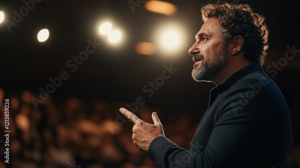 Fototapeta man presentation stage audience conference public speaker pointing discussion professional communication strategy leadership confident business