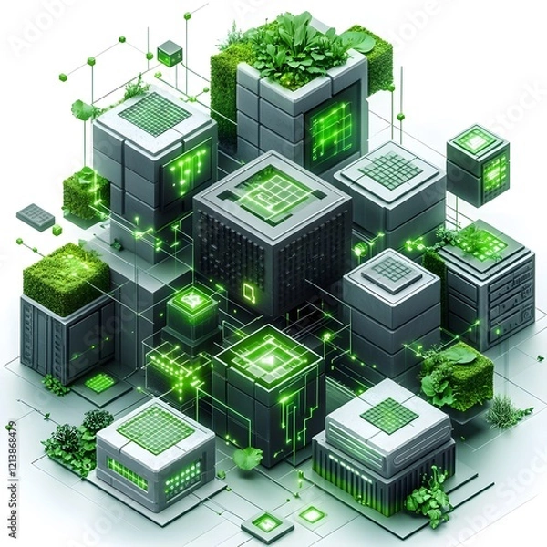 Fototapeta Futuristic Modular Green City with Geometric Shapes and Digital Technology Landscape