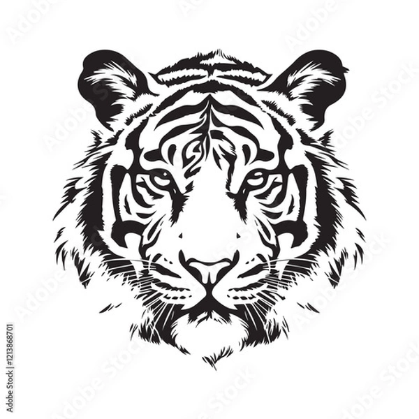 Fototapeta a fierce tiger front head profile face black vector isolated on a white background  tattoo style for tee shirt printing high quality 