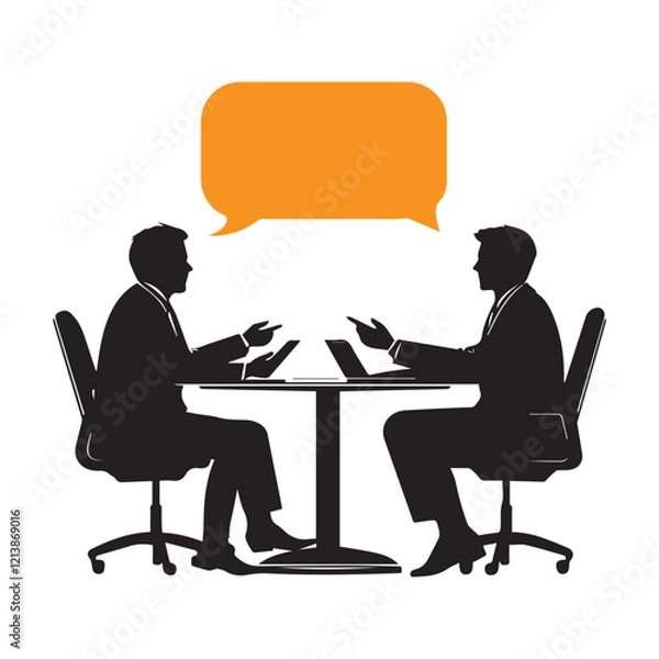 Obraz conversation between two people employees businessman for work meeting black and white vector silhouette discussing on phone and taking notes isolated on white background with a bubble box in between 