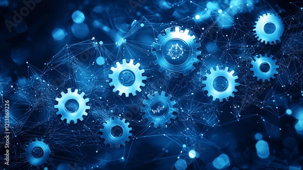 Fototapeta Interconnected gears and network nodes.