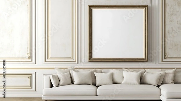 Fototapeta Elegant Gold Framed Artwork Above a White Sofa