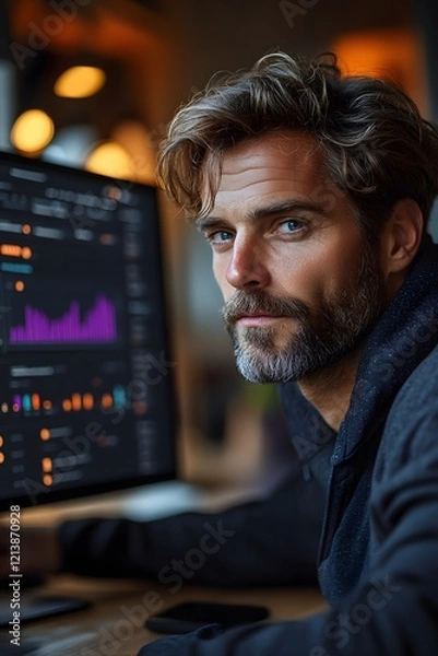 Fototapeta Professional Businessman Analyzing Financial Data on Computer Monitor