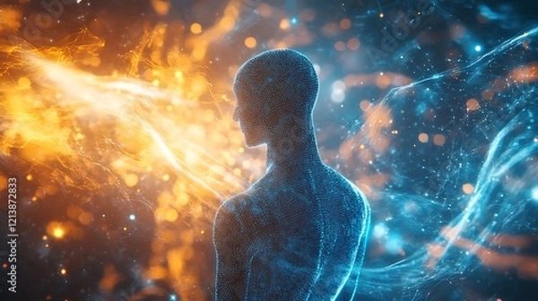 Fototapeta Digital human figure surrounded by blue and orange energy swirling in a cybernetic environment