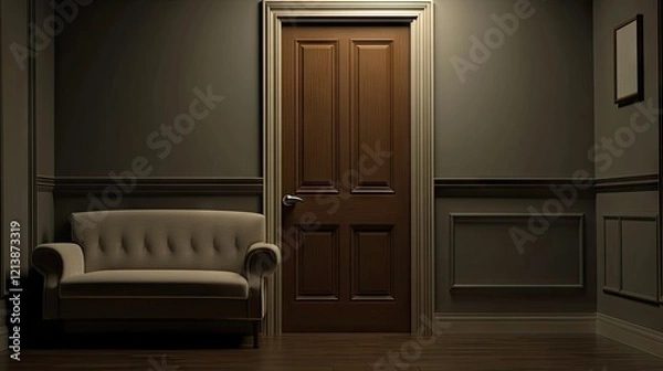 Fototapeta A minimalist living room with gray-brown walls, a compact couch, and a wooden door with a matte finish.