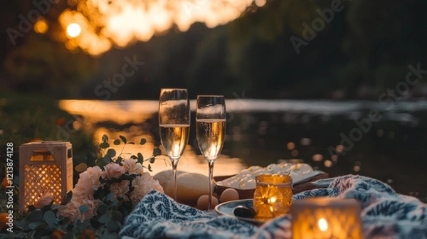 Fototapeta Romantic riverside picnic setup with lanterns, flowers, and champagne glasses reflecting warm evening light