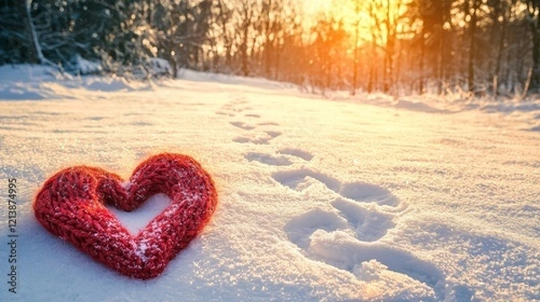 Fototapeta Romantic walk through a snow-covered park, red scarves, and heart-shaped footprints in the snow