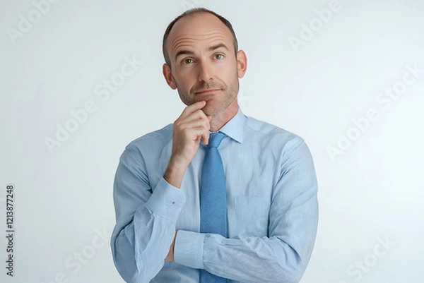 Fototapeta Thoughtful businessman in light blue shirt and tie, hand on chin, contemplating a decision or problem against a light grey background