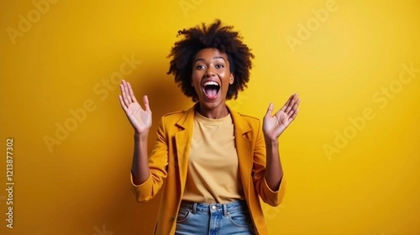 Fototapeta Depict a character receiving exciting news in a reaction mockup: their eyes widen, they jump with joy, clap their hands, and cheer enthusiastically, ending with a beaming smile.