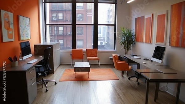 Fototapeta Modern Orange Office Design with Large Windows and City View