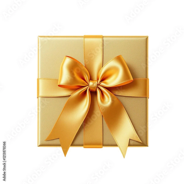 Obraz Gold color gift box with gold color silk ribbon bow on top view isolated on transparent background