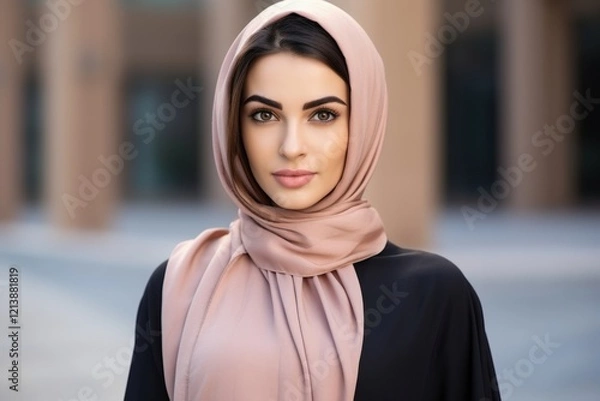 Obraz A woman wearing a black and tan scarf stands in front of a building