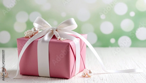 Fototapeta A beautifully wrapped pink gift box with a white ribbon, accompanied by pearl necklaces, set against a soft green bokeh background.