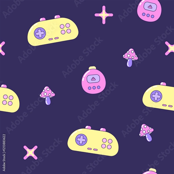 Fototapeta Seamless pattern with gamepads and fly agaric mushrooms. Multicolored elements on dark background. Retro illustration with outline in 90s style. Vector illustration.