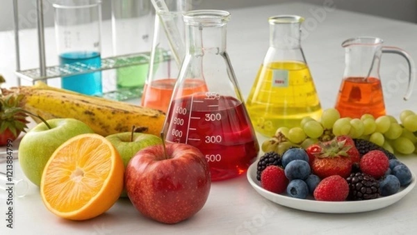 Fototapeta A colorful display of fruit and laboratory glassware showcasing vibrant liquids, illustrating the connection between science and nutrition.
