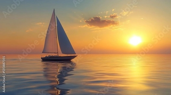Fototapeta A sailboat gliding across calm, clear waters during a sunset, evoking a sense of smooth sailing and tranquility