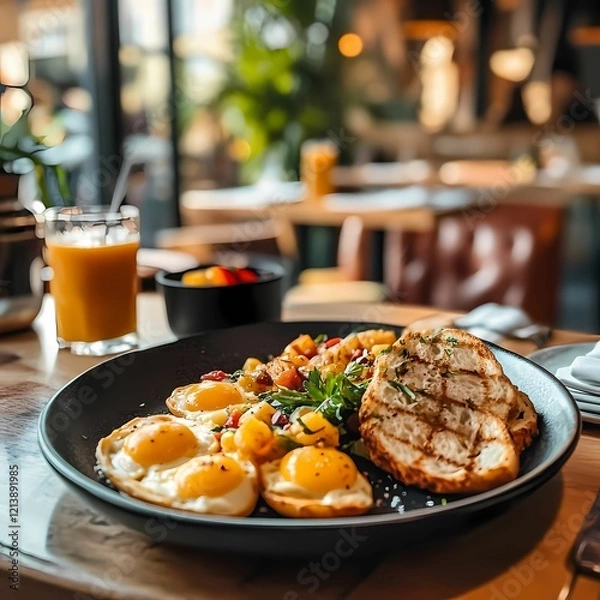 Obraz Sunny-side-up eggs with grilled bread, fresh vegetables, and greens on a black plate in a cozy café setting