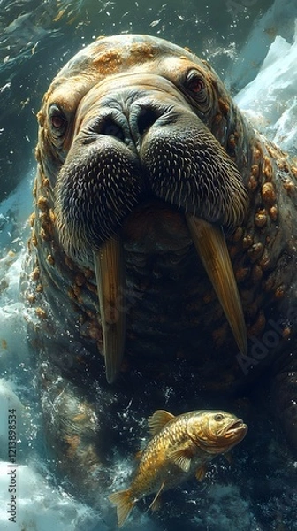 Fototapeta Weathered Walrus Gripping Thrashing Fish on Icy Arctic Flow
