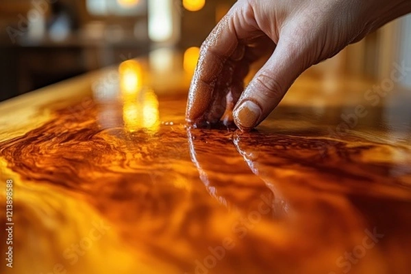 Fototapeta Hand applying finish to glossy wooden surface in workshop