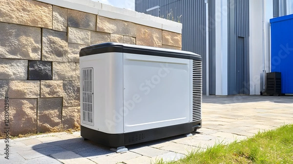 Fototapeta Large backup natural gas generator for residential buildings, showcasing reliability and energy efficiency for power supply.
