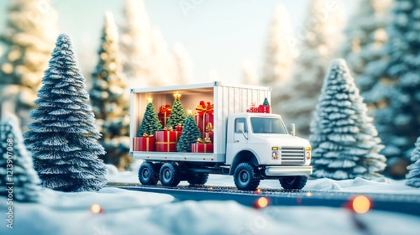 Fototapeta Open white cargo truck with Christmas trees & gifts inside