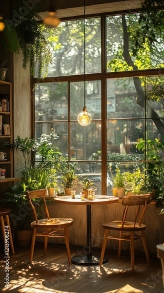 Fototapeta Serene Cafe by the Window: Sunlight illuminates a cozy cafe interior, featuring a small wooden table and chairs nestled near a large window showcasing lush greenery and dappled sunlight.