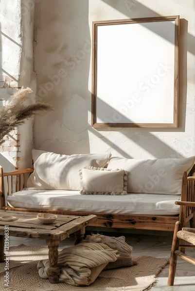Obraz Mockup frame displayed in a cozy farmhouse living room interior, rustic wooden furniture, warm color palette, soft natural lighting, inviting atmosphere, detailed textures. generative ai.