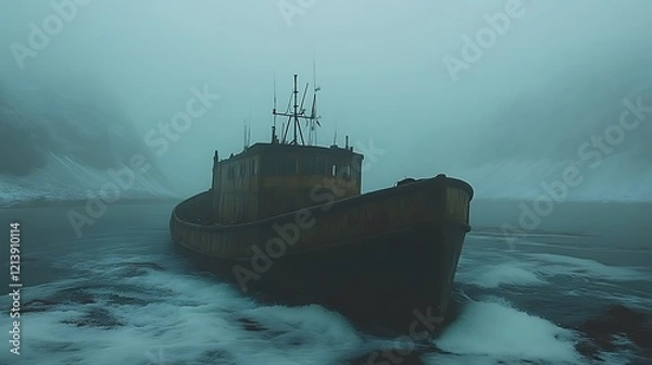 Fototapeta Rusty Ship Sailing Through Misty Waters