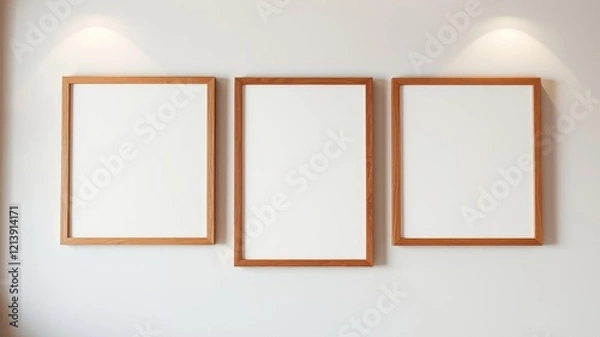 Fototapeta Three Empty Light Wood Frames on a Wall