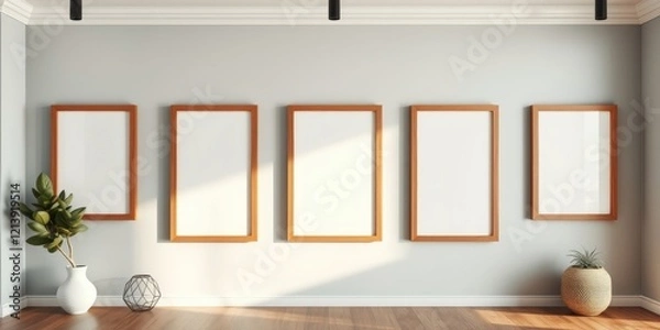 Obraz Modern minimalist interior design with five empty wooden frames and potted plants
